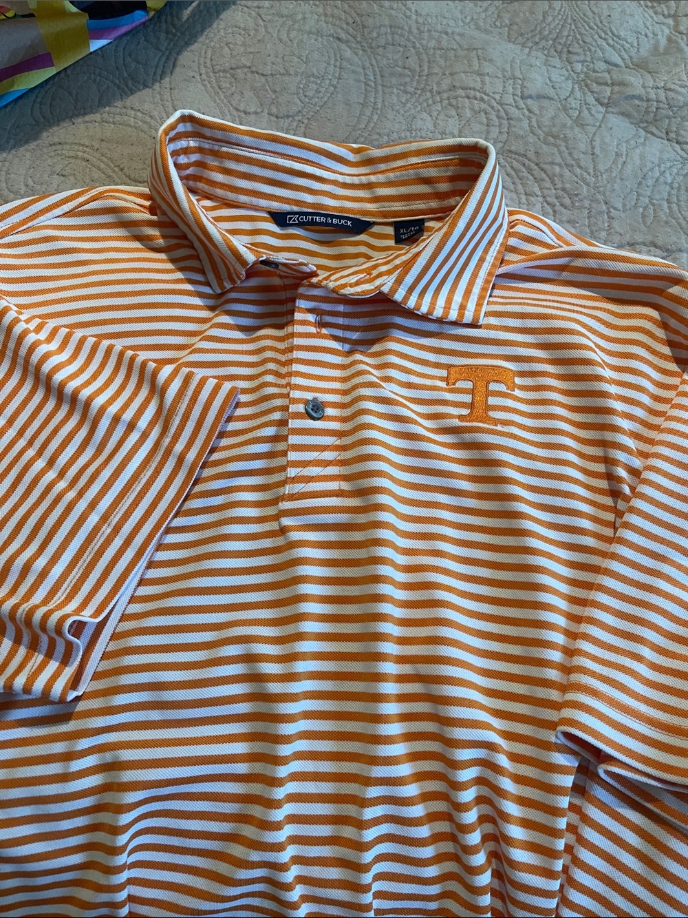 Cutter & Buck Men's Orange and White Stripe Polo with Embroidered 'T'